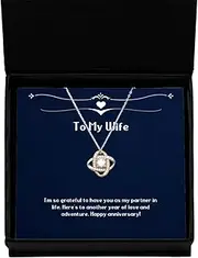 New Wife Gifts, I'm so grateful to have you as my partner in life. Here's to.!, Birthday Love Knot Rose Gold Necklace For Wife, Girlfriend, Significant other, Appreciation, Jewelry, Silver Plated Zinc, Cubic Zirconia