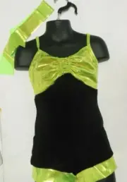 ACRO FOIL SHORTY UNITARD LIME Black GREEN CAMISOLE DANCE Jazz Baton boycut