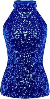 [Sywiyi] Womens Sequins Sparkle Vest Summer Sleeveless Halter Neck Blouse Tank Tops Rave Clubwear