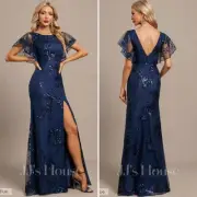 Marchesa Bridesmaid Sequin Gown Navy Blue Floral Flutter Sleeve Side Slit Sz 6