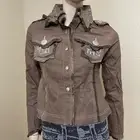 Women’s Brown Rayon Casual Beaded Button Up Long Sleeve Size L Top Blouse Shirt