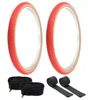 PRO+ BICYCLE TIRES 26 x 1.75 RED/GUM P104A COMP III SEMI-SLICK W/TUBES+RIMSTRIPS