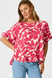 Catharina Top Short Sleeve in Pink Leaf S/M