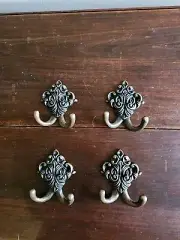 Set of 4 Wrought Iron Metal 2 Peg FLoral Wall Hanging Hook Coat/Towel Gold Tone