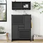 Shoe Cabinet and Wall Mount Coat Rack Set with 2 Flip Drawers and 2 Doors