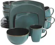 [Gibson Elite] Soho Lounge 16 Piece Reactive Glaze Dinnerware Set, Soft Square, Teal Green, Service for 4 (16pc)
