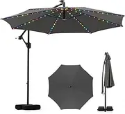 Costway 3 m Solar Offset Hanging Umbrella w/Base, Patio Cantilever Umbrella w/LED Lights, 9 Modes, Easy Tilt Adjustment, 360° Rotation, Crank, Outdoor Sunshade Canopy for Yard Pool Garden Deck