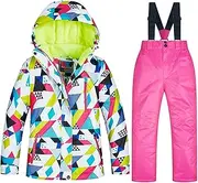 [Abcoll] Kids Boys/Girls 2-Pieces Ski Suit Snowboard Suit Skiing Outfit Waterproof Snowsuit Ski Jacket Hooded & Snow Bib Pants/Trousers, Cotton Fiber Lining (Color : P, Size : 11-12 Years)