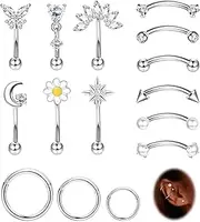 [JOERICA] 15 Pcs 16G Rook Piercing Jewelry Curved Eyebrow Rings Stainless Steel Butterfly Heart Moon Flower Barbell CZ Belly Lip Rings Cartilage Hoop Rook Daith Earrings Tragus Body Piercing Jewelry