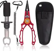 Stainless Steel Fishing Pliers Fish Gripper, Saltwater Resistant Fishing Gear, Comfortable and Non-Slip Rubber Handle, Hook Remover, Multi-tool Pliers with Sheath and Telescopic Lanyard