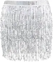 [Whyzsjnclg] Tassel Skirt Silver Sequin Fringe Skirt with Long Waist Tie Belly Dance Sparkly Skirt Fashion Sequin Wrap Skirt for Girl Women Belly Dancer Carnival Party Costume Stage Performance