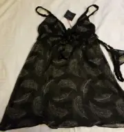 Cynthia Rowley Black w/White Feather Sheer Spaghetti Strap Lingerie Top Sz S