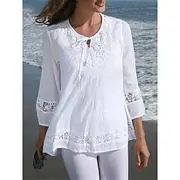 Women's Shirt Cotton Linen Shirt Lace Shirt Blouse Plain Basic Modern 3/4 Length Sleeve Crew Neck Regular Tops Casual Lace Patchwork Black White Wine Navy Blue