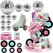 20 PCS Roller Skate Cake Topper Disco Ball Cake Toppers Retro Hip Hop Theme Party Cake Decoration for Boys or Girls 80s 90s Skating Theme Party Decorations (White)