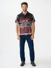 Indigenous Mens Black & Red Print Polo