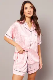 Pink Pyjama Set Leopard Jacquard Piping Satin PJ - Size S, Women's Pj Set