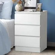 [OIKITURE] White Bedside Table with 3 Drawers Bed Side Table