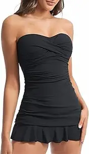[Holipick] Women's Tummy Control One Piece Swim Dress Strapless Swimsuit Bandeau Skirted Bathing Suits