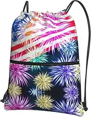 EdWal Patriotic 4th Of July American Flag Print Drawstring Backpack Gym Bags Sports Bags With Zipper Pocket For Travel Beach, Black, One Size