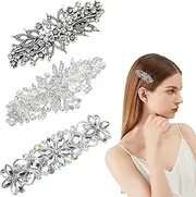 3 Pcs Large Diamante Flower Silver Leafy Barrette Vintage Antique Style Hair Clip Flower Crystal Pearl Barrette Hair Accessories for Women