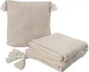 DreamZ Knitting Throw Blanket Cushion Set Pillow Tassel Fringe Sofa Bed Ivory