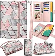 Takfox Wallet Case for Samsung Galaxy S23 FE 5G, for Samsung S23 FE 5G Case, PU Leather Credit Card Holder Case [9 Card Slots] Folio Flip Detachable Magnetic Cover Kickstand & Carrying Strap-Marble