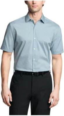 Van Heusen Men's Dress Shirt Short Sleeve Slim Fit Poplin, Soft Teal M 15"-15.5"
