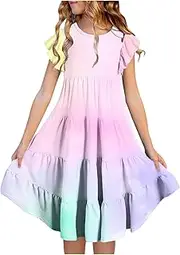 [Generic] Dresses for Girl Size 12 Layer Sleeve Flowy A Line Casual Gradient Midi Dresses for 615 Years Flower Wedding Dress
