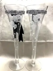 Bridal Wedding Champagne Toasting Glasses Accents-Ribbons & Sequins 9 1/2" Tall