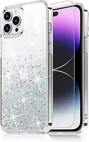 Aircawin for iPhone 14 Pro Max Case Clear Glitter with Tempered Glass Screen Protector,Bling Sparkle Star Glitter Case for iPhone 14 Pro Max 6.7'',Non-Yellowing Shockproof Soft TPU+PC Case Girls-Clear