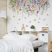 MIYALIONE Poppy Peony Floral Butterfly Corner Wall Stickers Peel and Stick Hanging Flower Plants Wall Decals for Bedroom Living Room Office Classroom Wall Décor