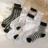在飛比找蝦皮購物優惠-夏天❄️ 冰絲水晶襪子女夏季薄款透明玻璃絲襪中筒襪棉底蕾絲網