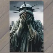 FLATCARD Sorrowful Statue of Liberty Weeps in the Rain, City Background New York