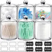 6 Pack of 12 Oz. Qtip Dispenser Apothecary Jars Bathroom with Labels - Holder Storage Canister Clear Plastic Acrylic Jar for Cotton Ball,Cotton Swab,Cotton Rounds,Floss Picks, Hair Clips (Clear)