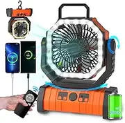 ADUST Camping Battery Operated Powered Fan with LED Lantern Light 20000mAh Rechargeable Portable Oscillating Fan with 360° Rotation Hanging Hook for Tents, Cordless USB Desk Fan(Orange)