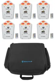 6 Rockville RF WEDGE WHITE RGBWA+UV Battery Wireless DMX Lights+Remotes+Backpack