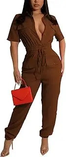 [ZonJie] Women's Summer Casual Jumpsuits Short Sleeve Button Up Cute Loose Drawstring Waist Wide Leg Jumpsuit Romper, 923brown, Small