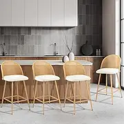 [OIKITURE] Bar Stools Set of 4 Boucle Fabric Bar Stools with PU Rattan Backrest Counter Kitchen Chairs Dining Chair, White Seat & Wood Leg