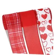3 Rolls Valentine's Day Ribbon Burlap Wired Edge Ribbon Red Plaid Ribbon Heart