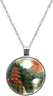 [Diusye] Necklaces for Women, Temple Pine Tree Print Stainless Steel Pendant Necklace Jewelry Birthday Anniversary Wife Girls Friends Gift
