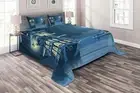 Kids Quilted Coverlet & Pillow Shams Set, Cartoon Pirate Ship Moon Print