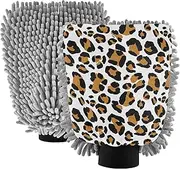 Classic Brown Leopard Print White Wash Mitt for Car Washing Scratch Free Sponge Car Cleaning Mitts Microfiber Absorbent Chenille, Large x 2 Pack