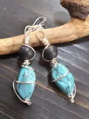 UNIQUE TURQUOISE RESIN BEAD/MATT BLACK ONYX STONE/SILVER WIRE WRAP EARRINGS