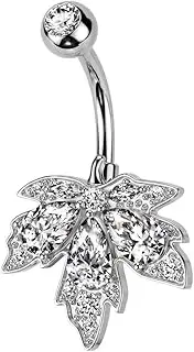 [Pierced Owl] 14GA 316L Stainless Steel CZ Crystal Maple Leaf Belly Button Ring