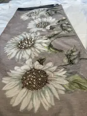 Tahari Sunflower Fabric Beaded Table Runner Summer Spring Fall 16x72 Gray White