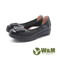 在飛比找PChome24h購物優惠-W&M(女)真皮圓頭大圓金屬釦厚底楔型跟鞋 女鞋-黑色