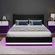 Artiss Queen Bed Frame Platform Headboard RGB LED Gas Lift Beds Base with Storage Space Frames Bedroom Room Decor Home Furniture, Upholstered with Black PVC Leather + Foam + Wood