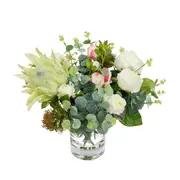 40cm Protea & Rose Mixed Artificial Flower Plant Bunch Arrangement in Glass