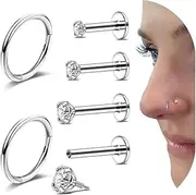 [AccGin] 16G/18G Surgical Steel Nose Rings Studs with CZ Flat Back Earrings Studs Internal Thread Nose Studs for Women Men Hypoallergenic Nose Piercing Jewelry for Nostril Tragus Helix Labret Piercings