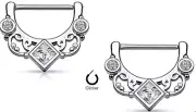 Square CZ Floral Fan 316L Surgical Steel Nipple Clicker Ring Sold as a pair